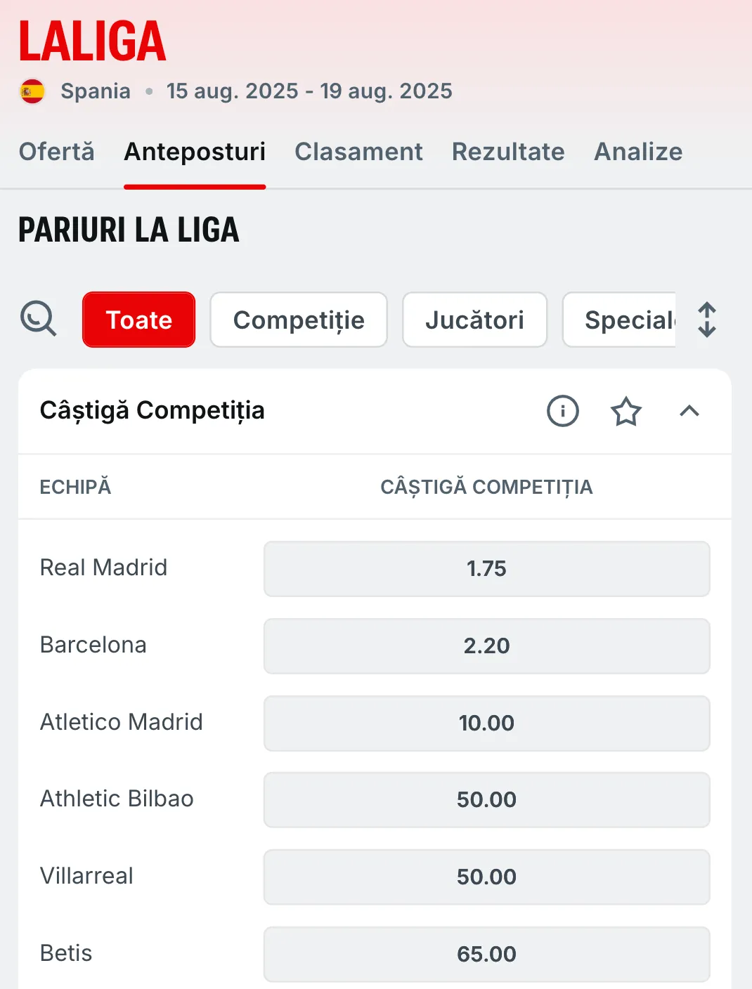Superbet - cote câștigare LaLiga 2025:2026
