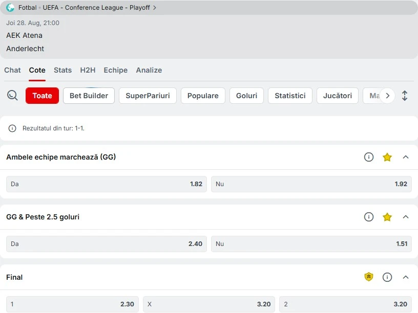 Cote pariuri AEK Atena - Anderlecht