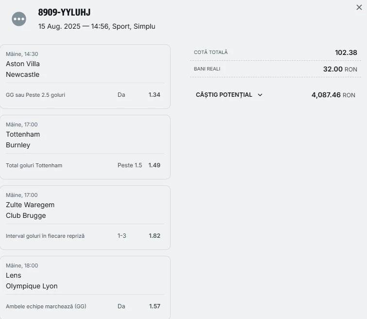 Bilet pariu șansă la Superbet 16.08.2025