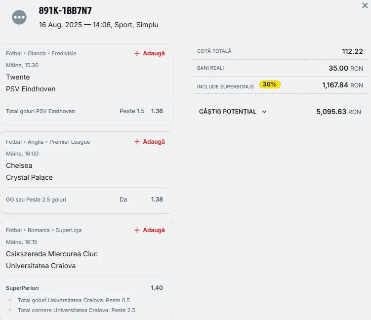 Bilet pariu șansă Superbet 17.08.2025