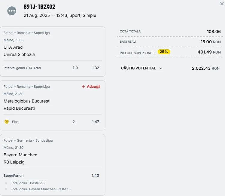 Bilet pariu șansă Superbet 22 august 2025