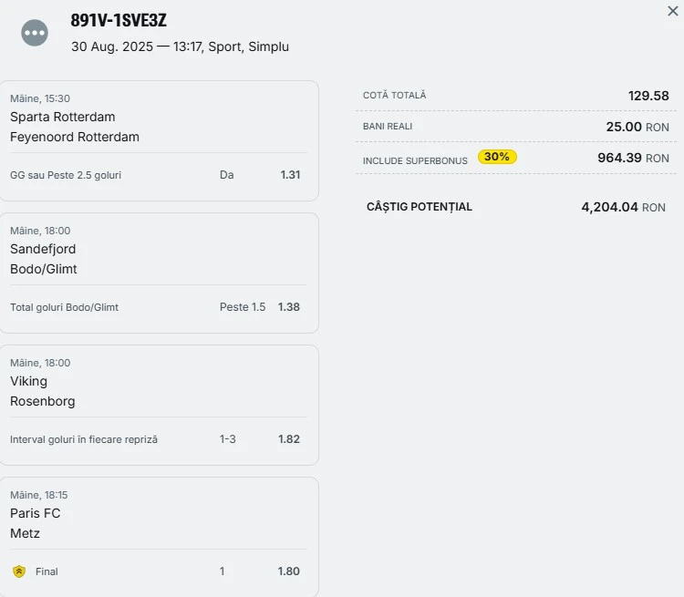 Bilet pariu șansă Superbet 31.08.2025