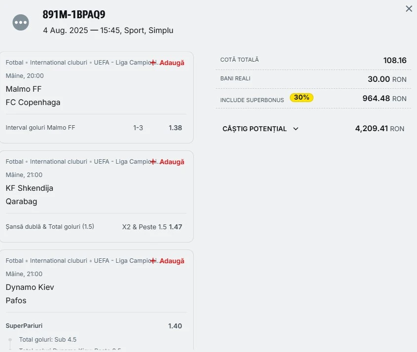 Bilet pariu șansă Superbet din cupele europene 05.08.2025