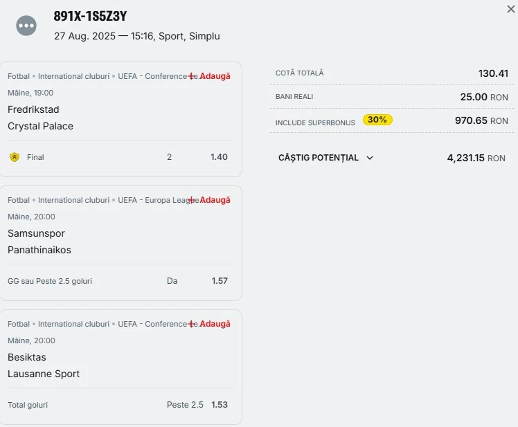 Bilet pariu șansă Superbet din cupele europene 28.08.2025
