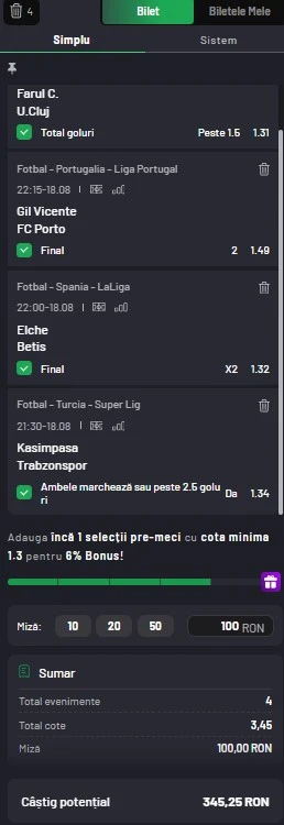 Biletul zilei din fotbal 18 august 2025