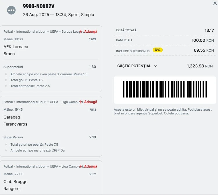 Biletul zilei din cupele europene 27.08.2025