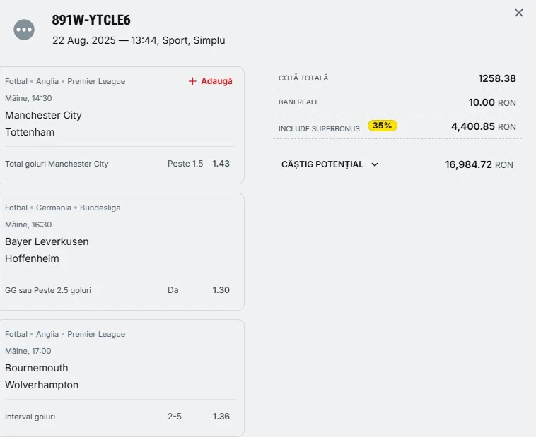 Biletul zilei din fotbal la Superbet 23.08.2025
