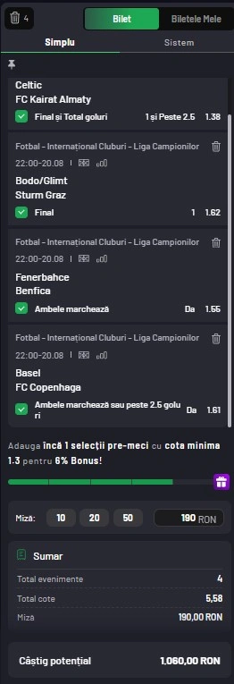 Biletul zilei din Preliminariile Champions League 20.08.2025