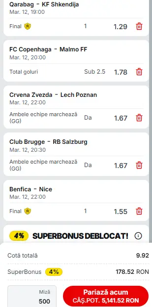 Biletul Zilei Superbet din preliminariile Champions League 12.08.2025