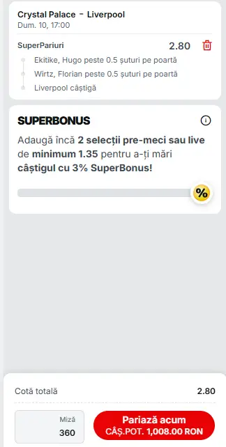Biletul Zilei Superbet la Crystal Palace - Liverpool