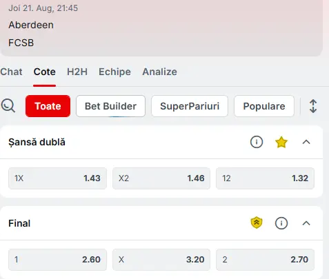 Cote Pariuri Aberdeen - FCSB oferite de Superbet