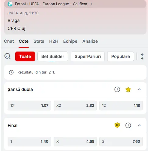 Cote Pariuri Braga - CFR Cluj la Superbet