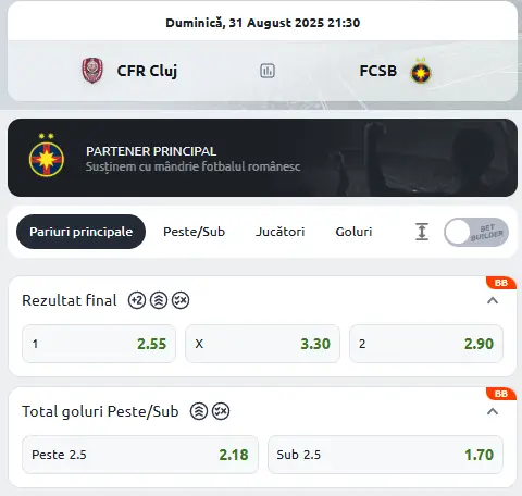 Cote Pariuri CFR Cluj - FCSB la Betano