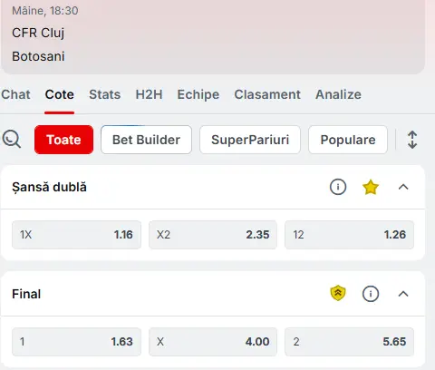 Cote Pariuri CFR Cluj vs Botoșani la Superbet