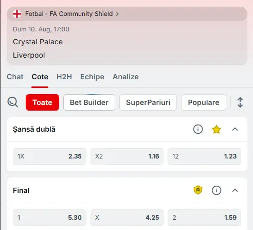 Cote Pariuri Crystal Palace vs Liverpool la Superbet