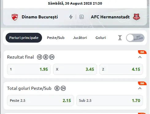 Cote Pariuri Dinamo vs Hermannstadt oferite de Betano