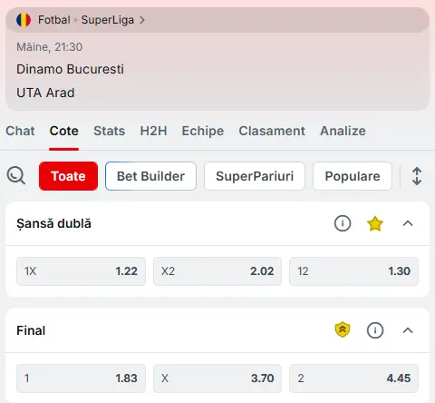Cote Pariuri Dinamo vs UTA Arad la Superbet
