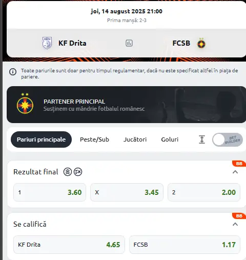 Cote Pariuri Drita vs FCSB la Betano