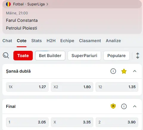 Cote Pariuri Farul Constanța vs Petrolul Ploiești la Superbet