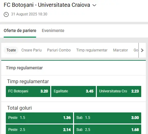 Cote Pariuri FC Botoșani vs Universitatea Craiova