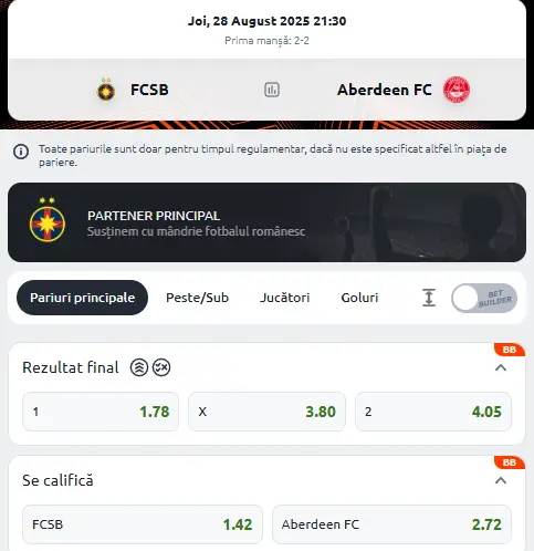 Cote Pariuri FCSB - Aberdeen la Betano