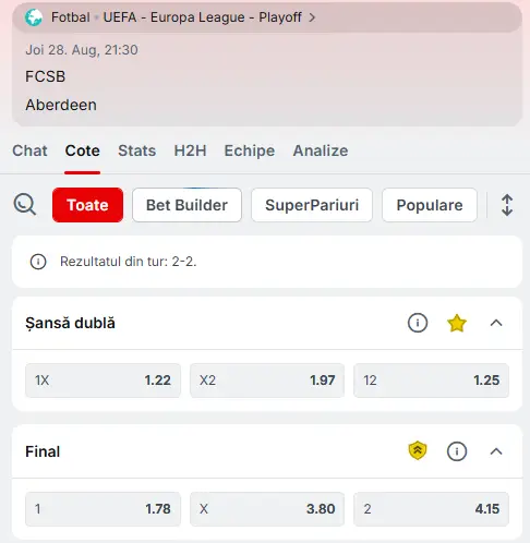 Cote Pariuri FCSB - Aberdeen la Superbet