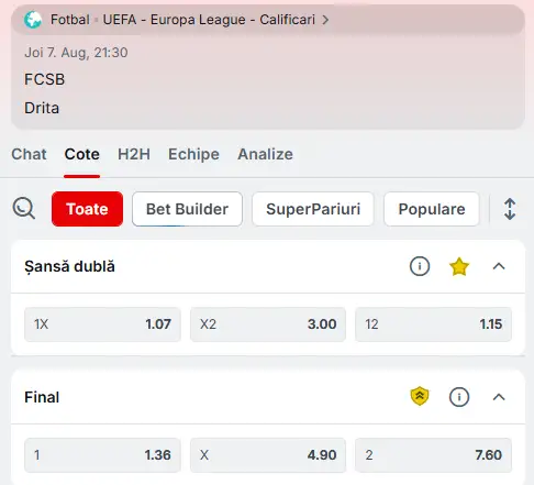 Cote Pariuri FCSB - Drita la Superbet