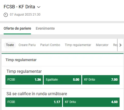 Cote Pariuri FCSB - Drita oferite de Unibet