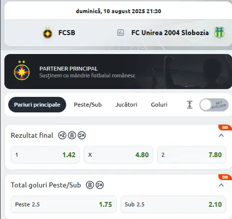 Cote Pariuri FCSB vs Unirea Slobozia oferite de Betano