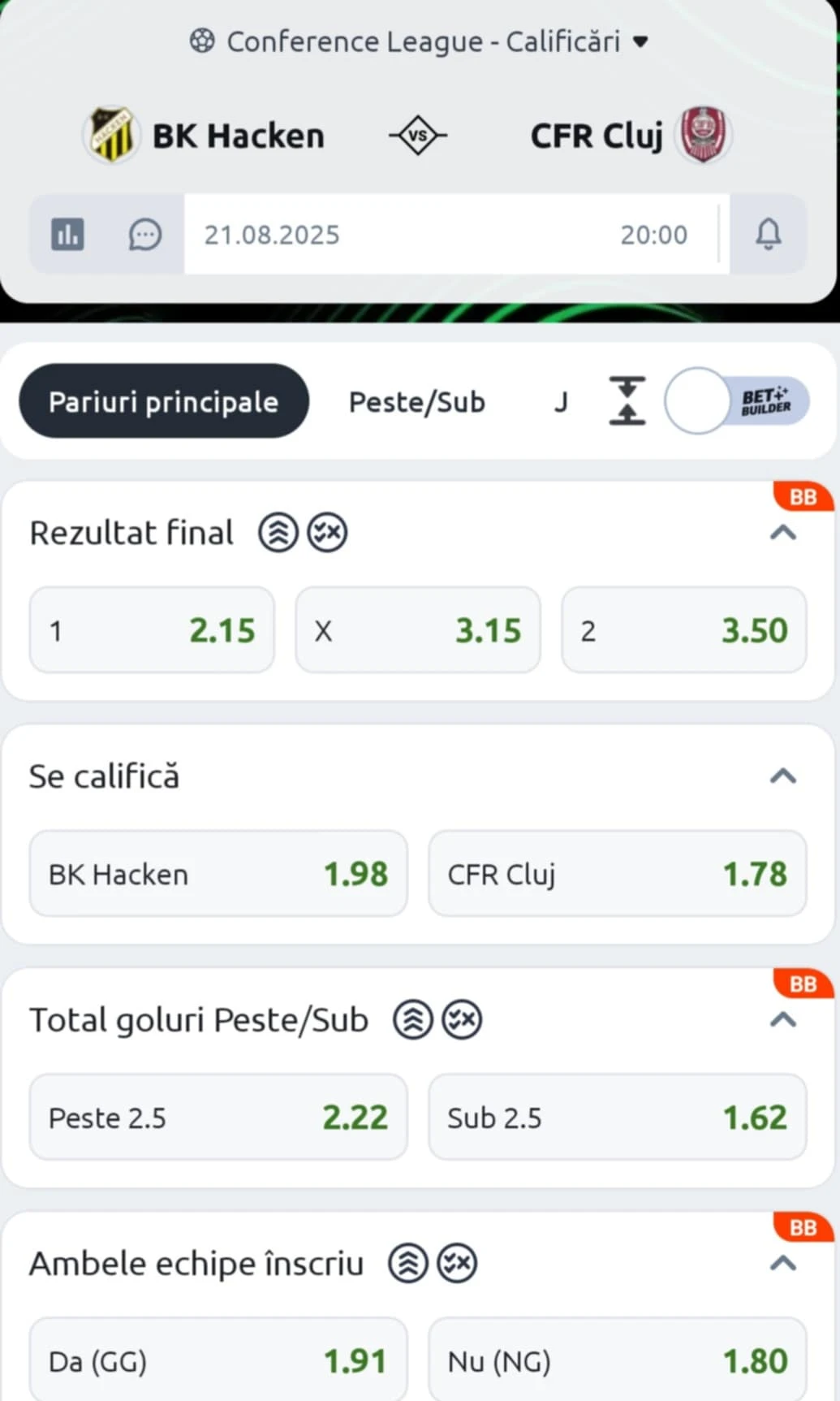 Cote pariuri Hacken vs CFR Cluj oferite de Betano