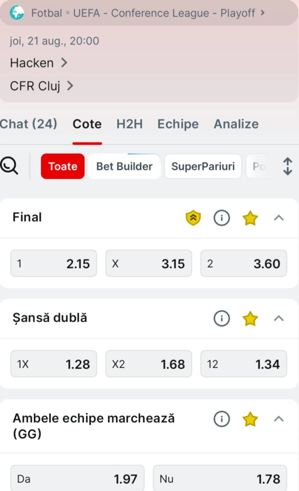 Cote pariuri Hacken vs CFR Cluj de la Superbet