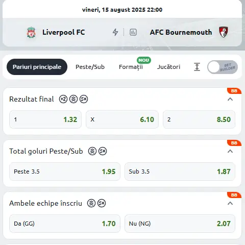 Cote Pariuri Liverpool vs Bournemouth la Betano