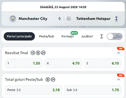 Cote Pariuri Manchester City vs Tottenham la Betano