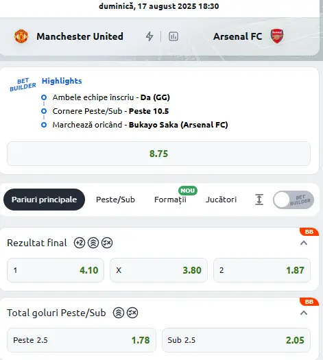 Cote Pariuri Manchester United vs Arsenal