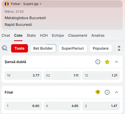 Cote Pariuri Metaloglobus vs Rapid la Superbet