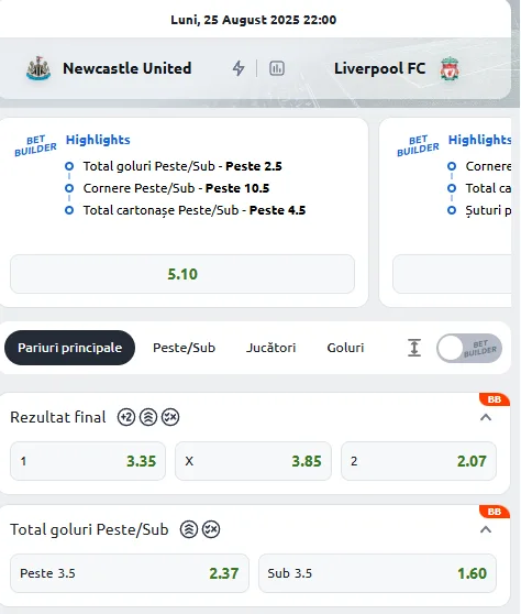 Cote Pariuri Newcastle - Liverpool la Betano