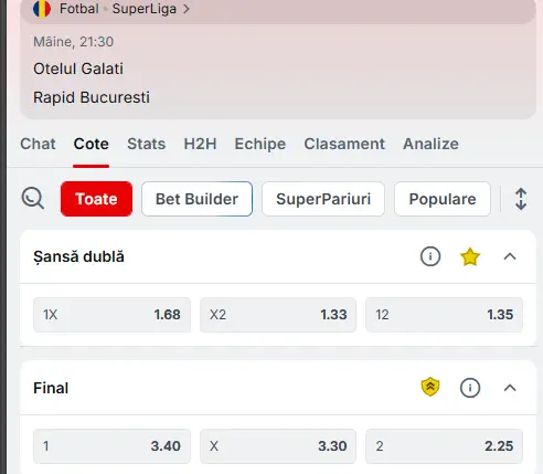 Cote Pariuri Oțelul Galați vs Rapid București