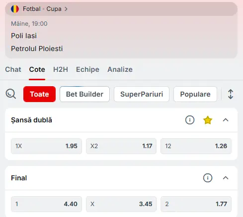 Cote Pariuri Poli Iași - Petrolul Ploiești la Superbet