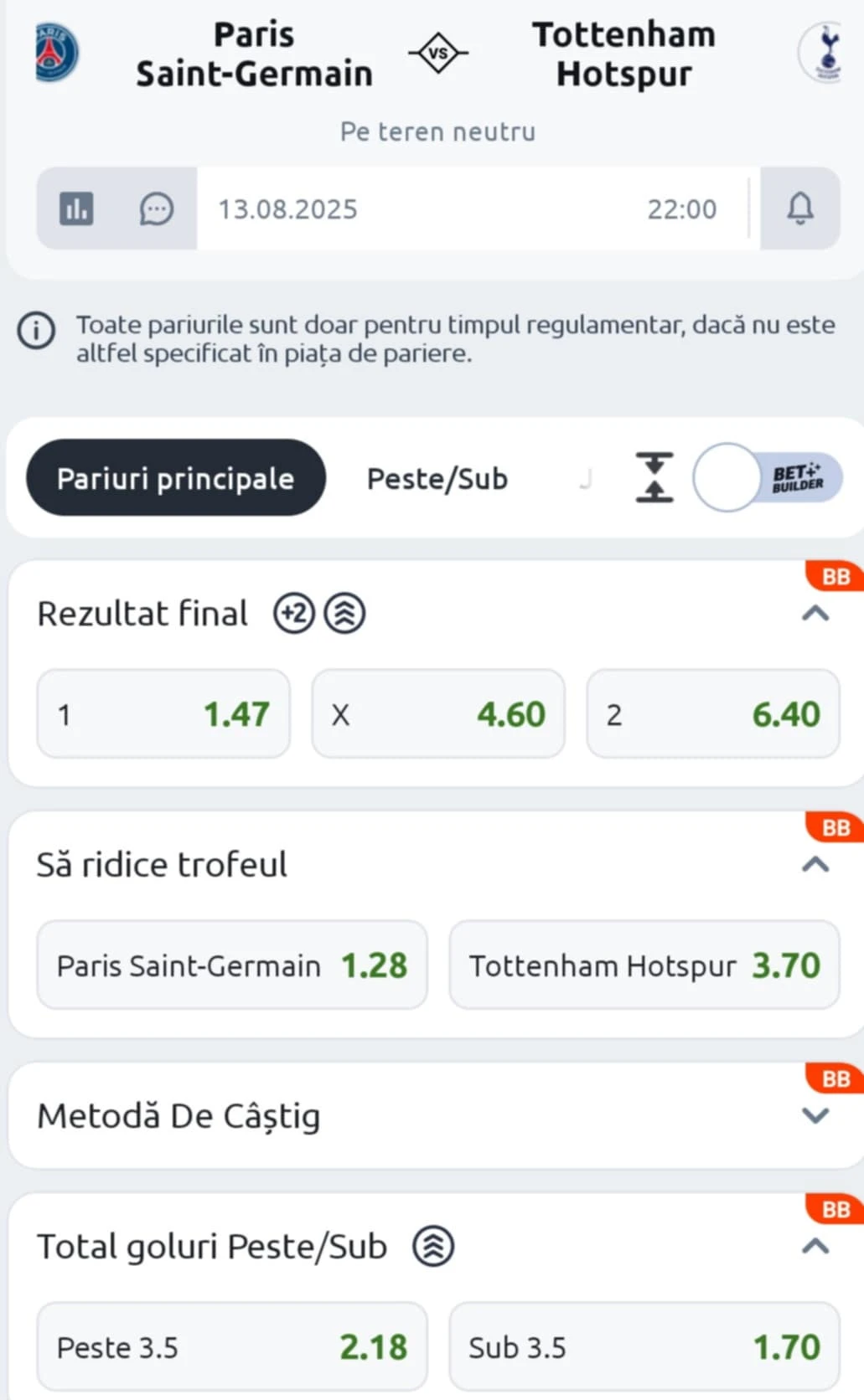 Cote pariuri PSG vs Tottenham oferite de Betano