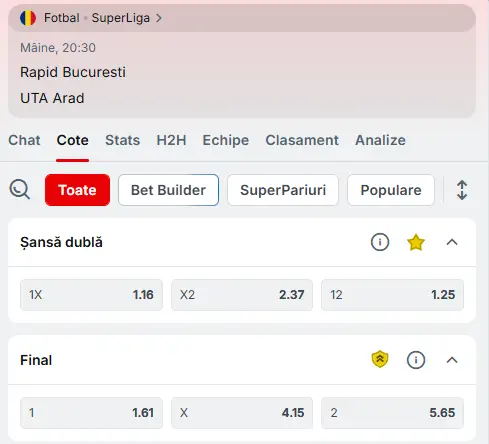 Cote Pariuri Rapid vs UTA Arad la Superbet