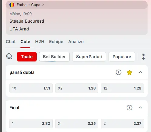 Cote Pariuri Steaua București vs UTA Arad la Superbet