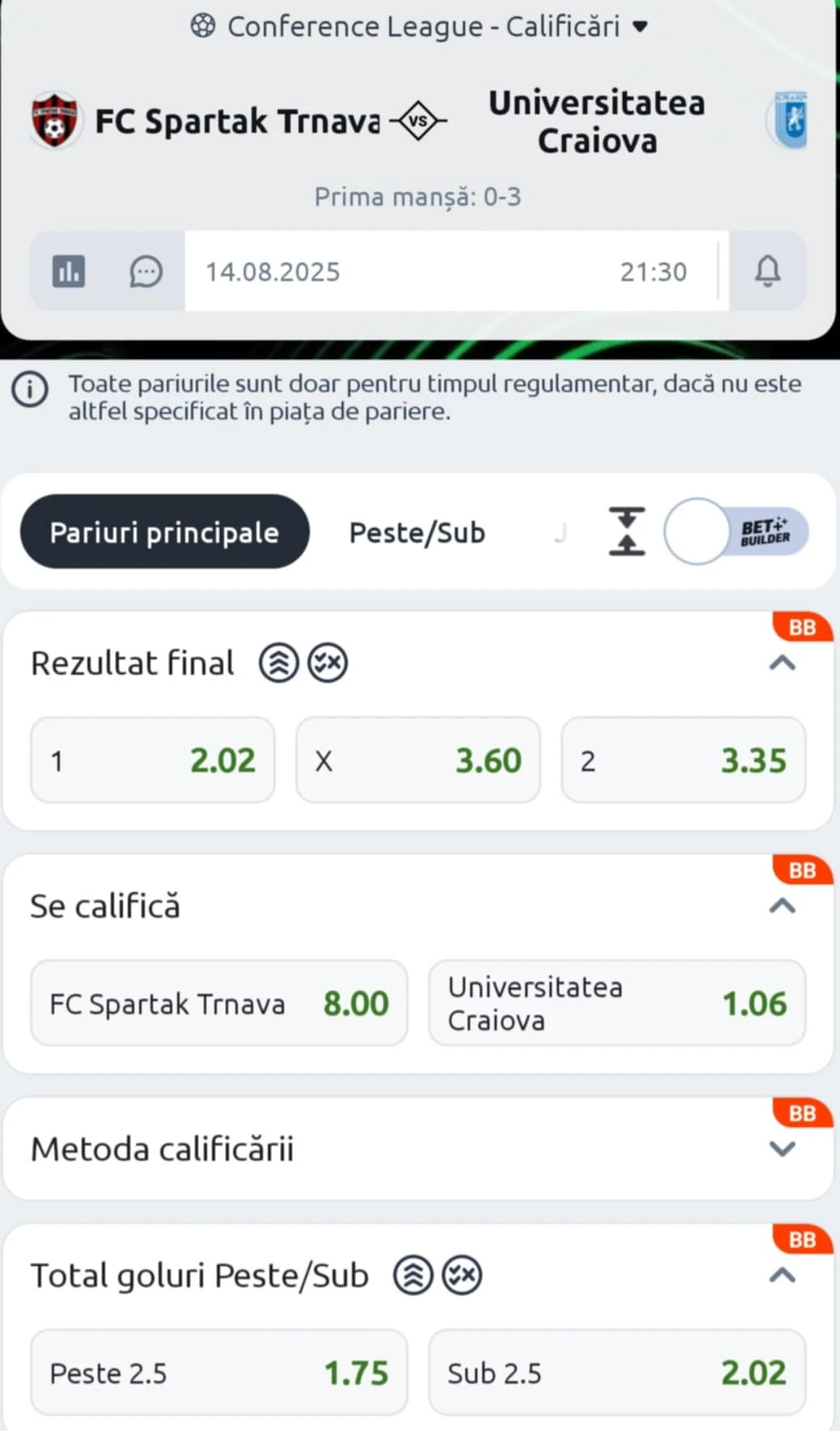 Cote pariuri Trnava vs Universitatea Craiova la Betano