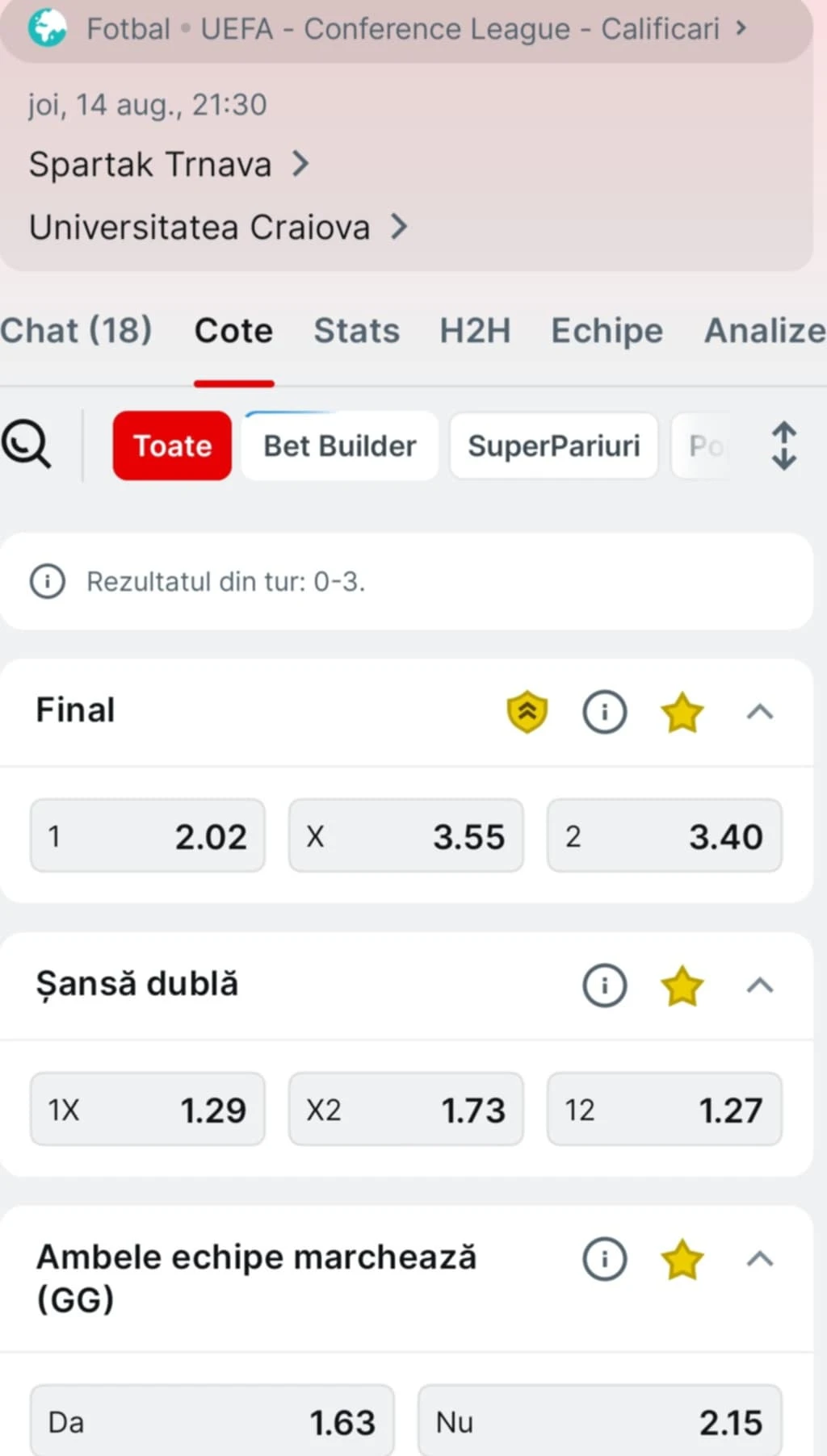 Cote pariuri Trnava vs Universitatea Craiova de la Superbet