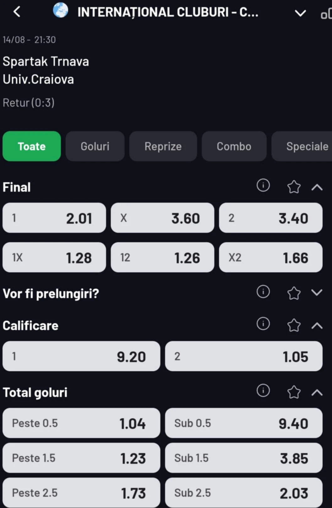 Cote pariuri Trnava vs Universitatea Craiova oferite de Maxbet