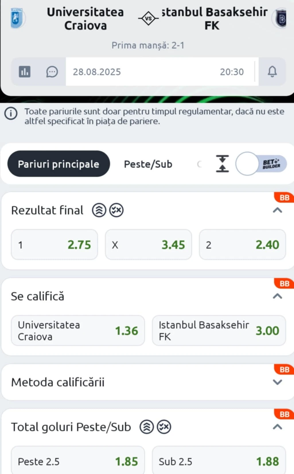 Cote pariuri Universitatea Craiova vs Basaksehir de la Betano