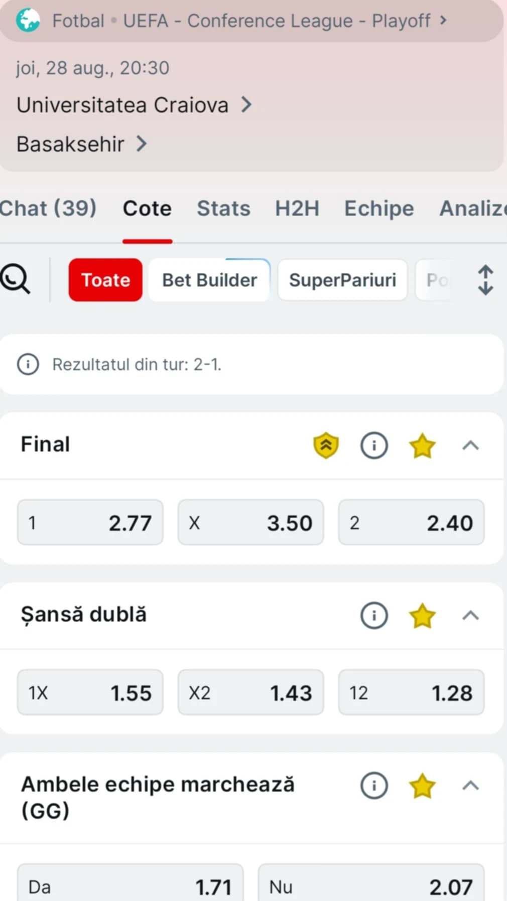Cote pariuri Universitatea Craiova vs Basaksehir la Superbet