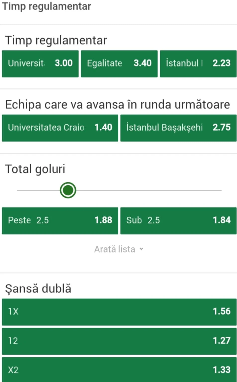 Cote pariuri Universitatea Craiova vs Basaksehir oferite de Unibet