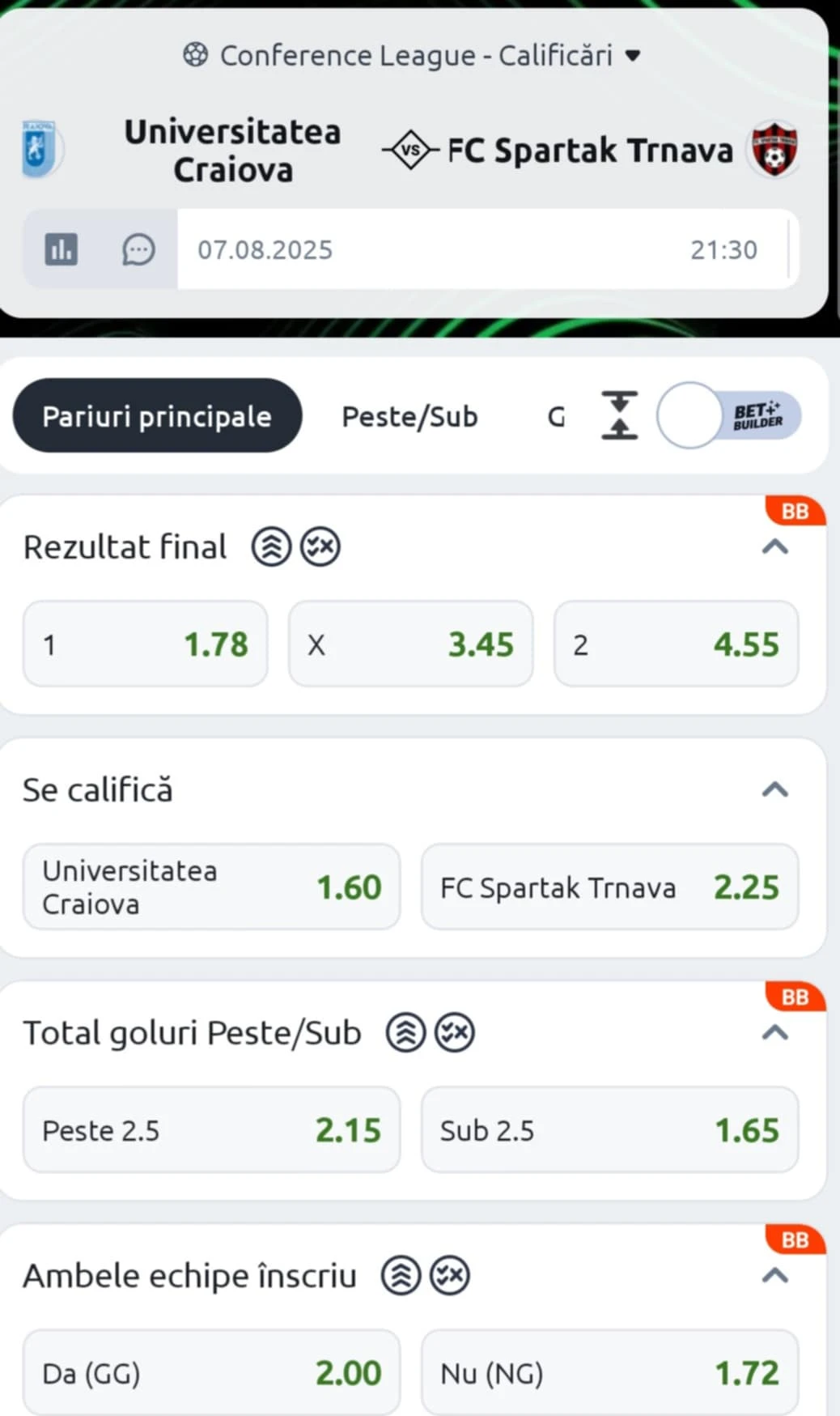 Cote pariuri Universitatea Craiova vs Spartak Trnava de la Betano