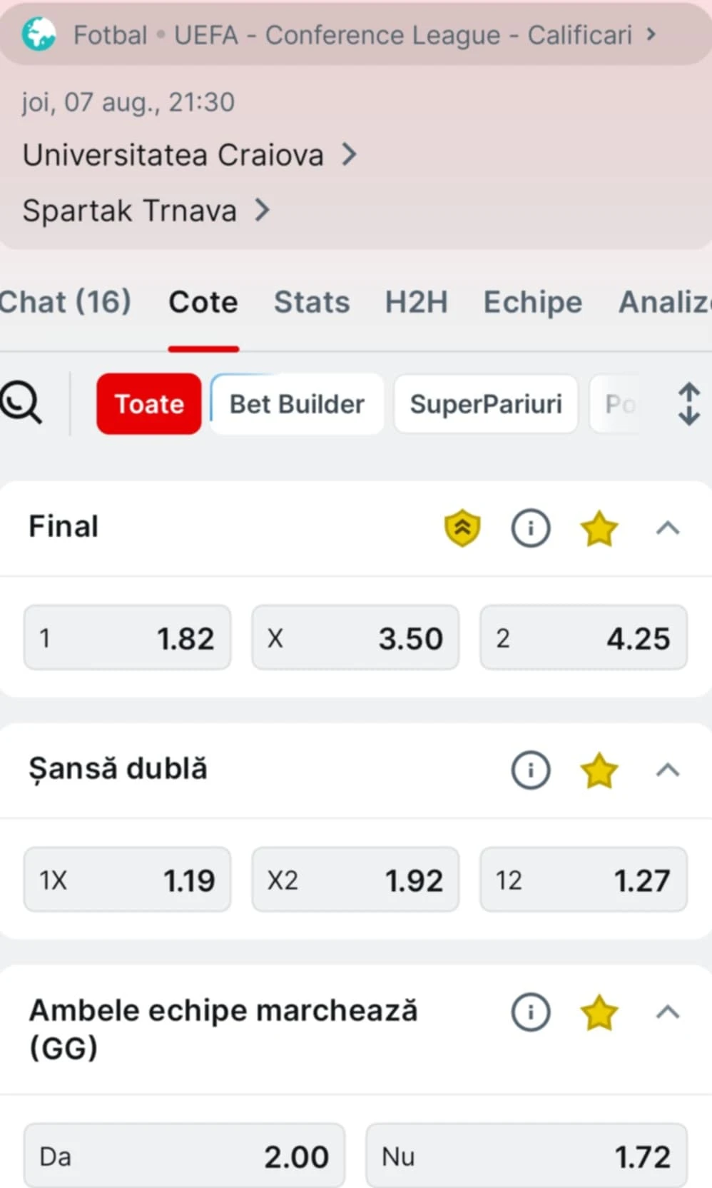 Cote pariuri Universitatea Craiova vs Spartak Trnava la Superbet