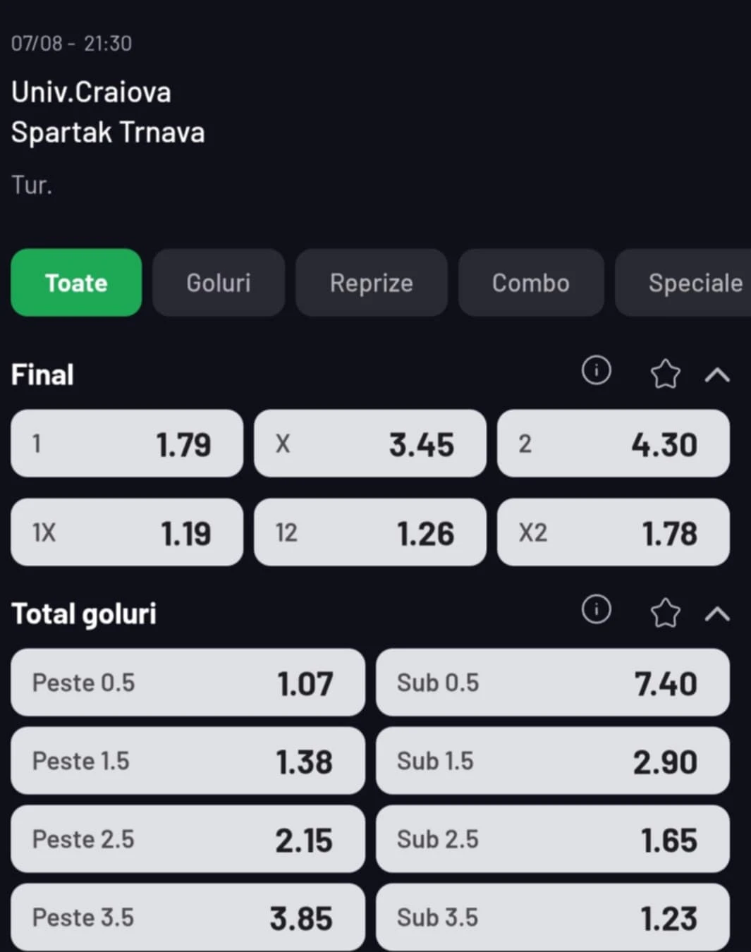 Cote pariuri Universitatea Craiova vs Spartak Trnava oferite de Maxbet